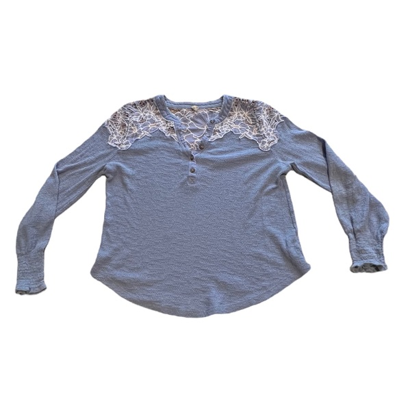 Free People Tops - Free People Womens Easy Breezy Embroidered Open Weave Henley Top Blue Size Large